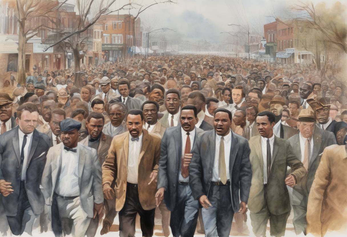 Watercolor painting based depiction of Civil rights activists, led by Martin Luther King Jr., completed the Selma to Montgomery marches in Alabama, a pivotal event in the American civil rights movement. (1965)