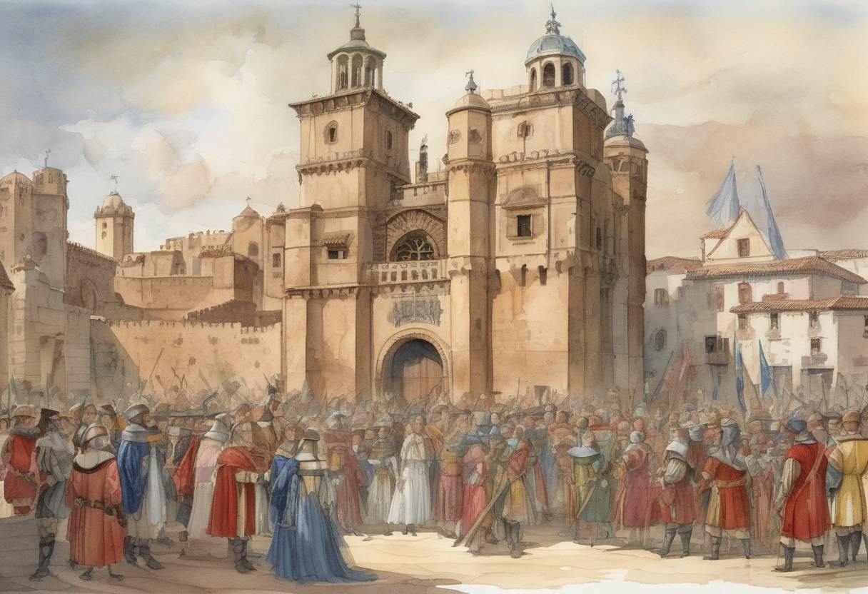 Watercolor painting based depiction of The Capitulations of Santa Fe were signed by King Ferdinand II of Aragon and Queen Isabella I of Castile, granting Christopher Columbus the authority to seek a westward maritime route to Asia. (1492)