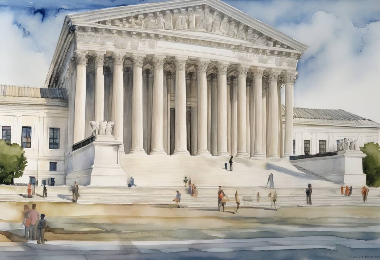 Watercolor painting based depiction of The U.S. Supreme Court ruled in Reno v. American Civil Liberties Union that the Communications Decency Act violated the First Amendment. (1997)
