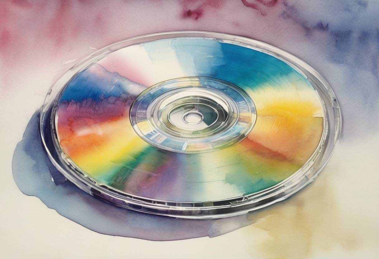 Watercolor painting based depiction of The compact disc (CD) was publicly demonstrated for the first time by Philips and Sony. (1979)