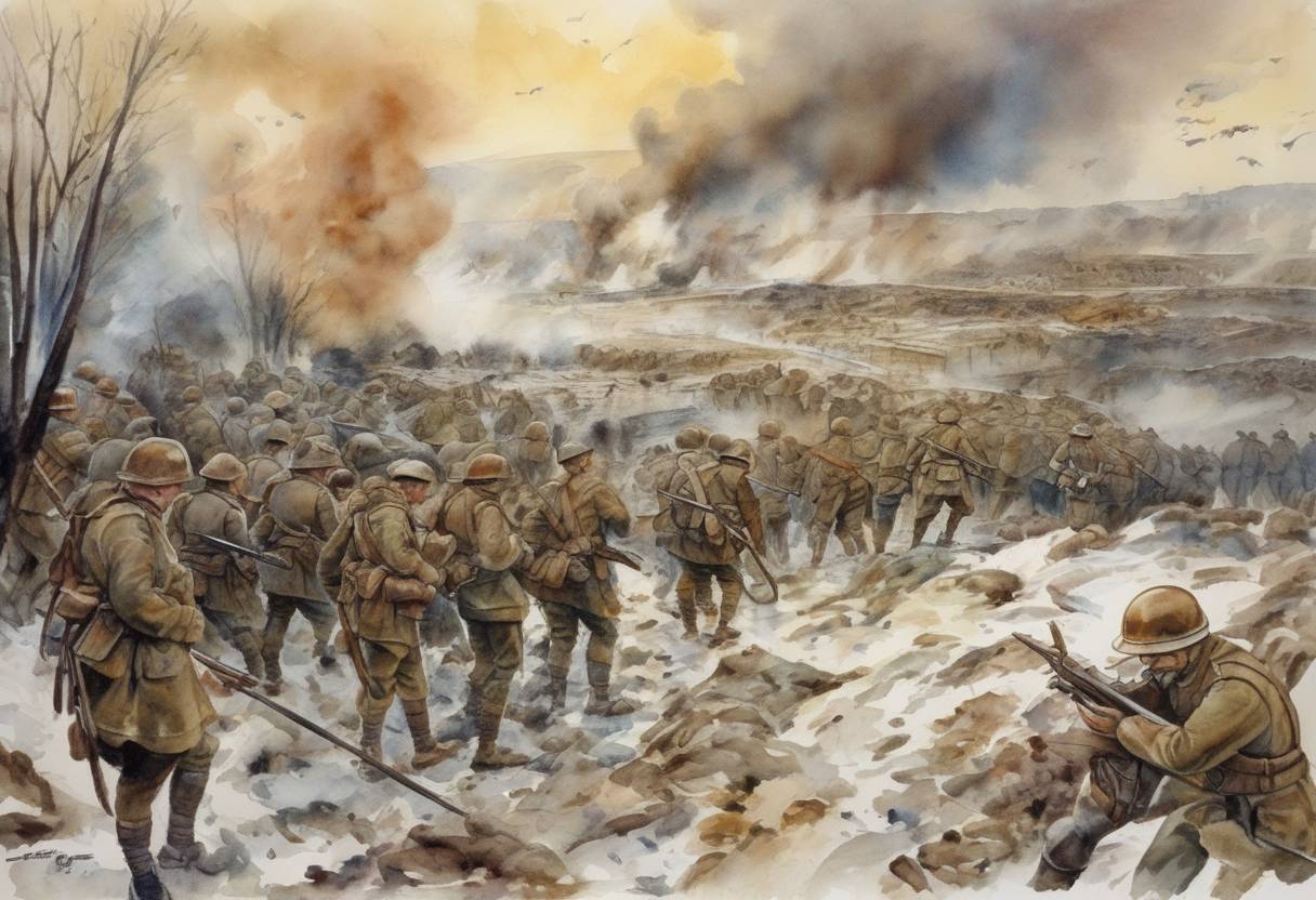 Watercolor painting based depiction of The Battle of Verdun began during World War I, lasting until December 1916. It was one of the longest and most grueling battles in the war, with heavy casualties on both sides. (1916)