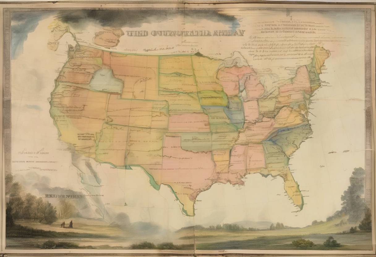 Watercolor painting based depiction of The Oregon Treaty was signed between the United States and Britain, establishing the 49th parallel as the boundary between U.S. and British territories in the Pacific Northwest. (1846)