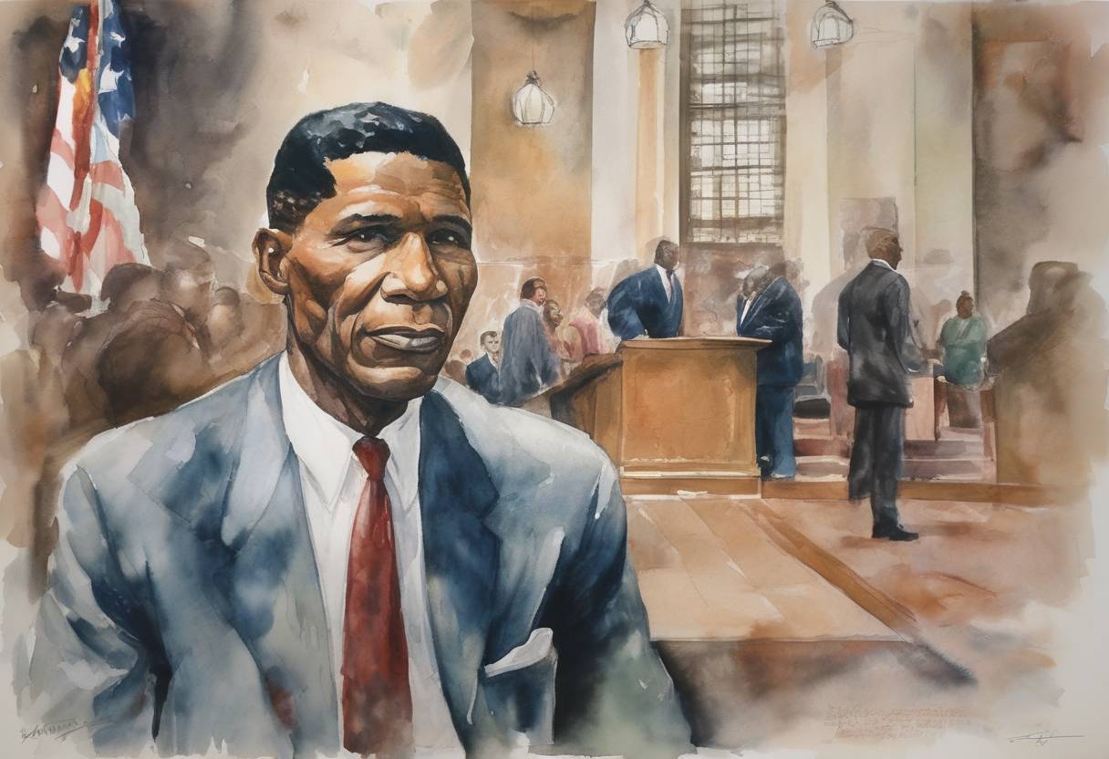 Watercolor painting based depiction of Byron De La Beckwith is convicted of the 1963 murder of civil rights leader Medgar Evers, over 30 years after the crime. (1994)