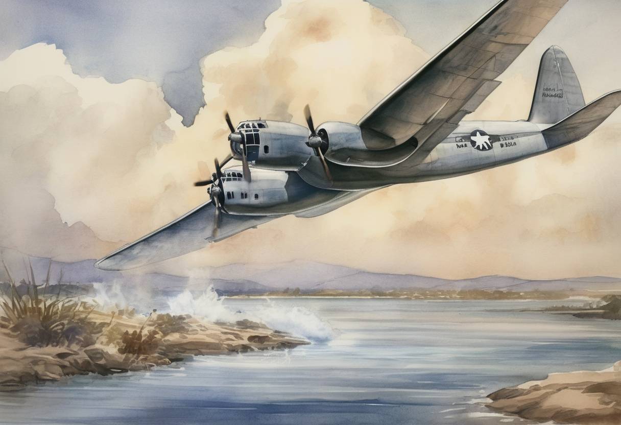 Watercolor painting based depiction of Howard Hughes performed the maiden (and only) flight of the Hughes H-4 Hercules, also known as the "Spruce Goose." (1947)