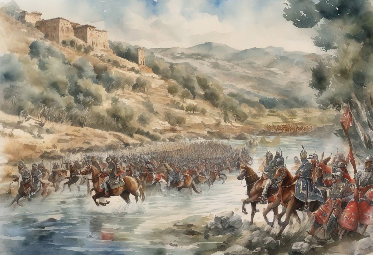 Watercolor painting based depiction of The Battle of Spercheios takes place, where the Byzantine forces under General Nikephoros Ouranos defeat the Bulgarian army led by Tsar Samuel. (997)