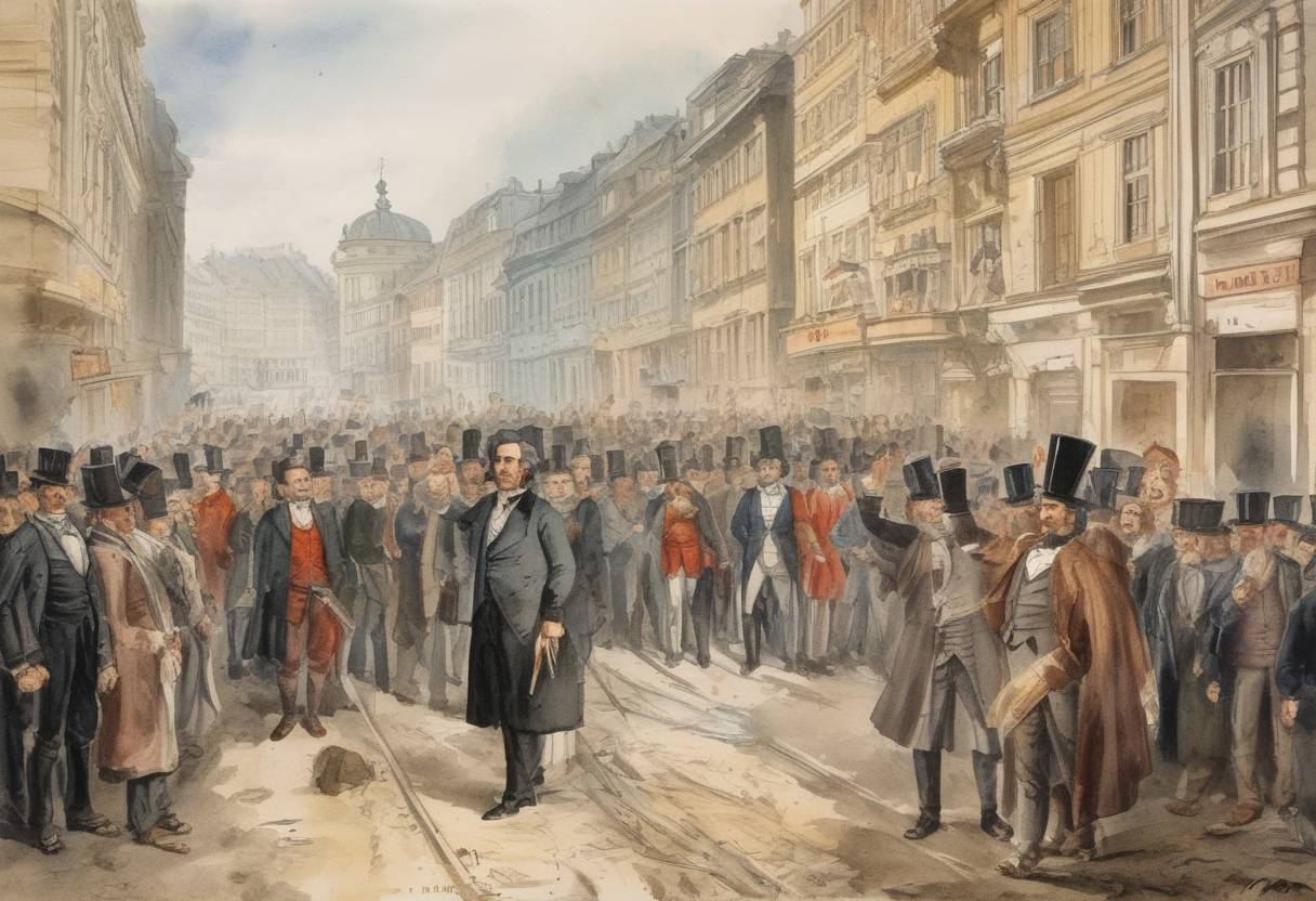 Watercolor painting based depiction of Robert Blum, a German politician and revolutionary, was executed in Vienna following his involvement in the Revolutions of 1848. (1848)