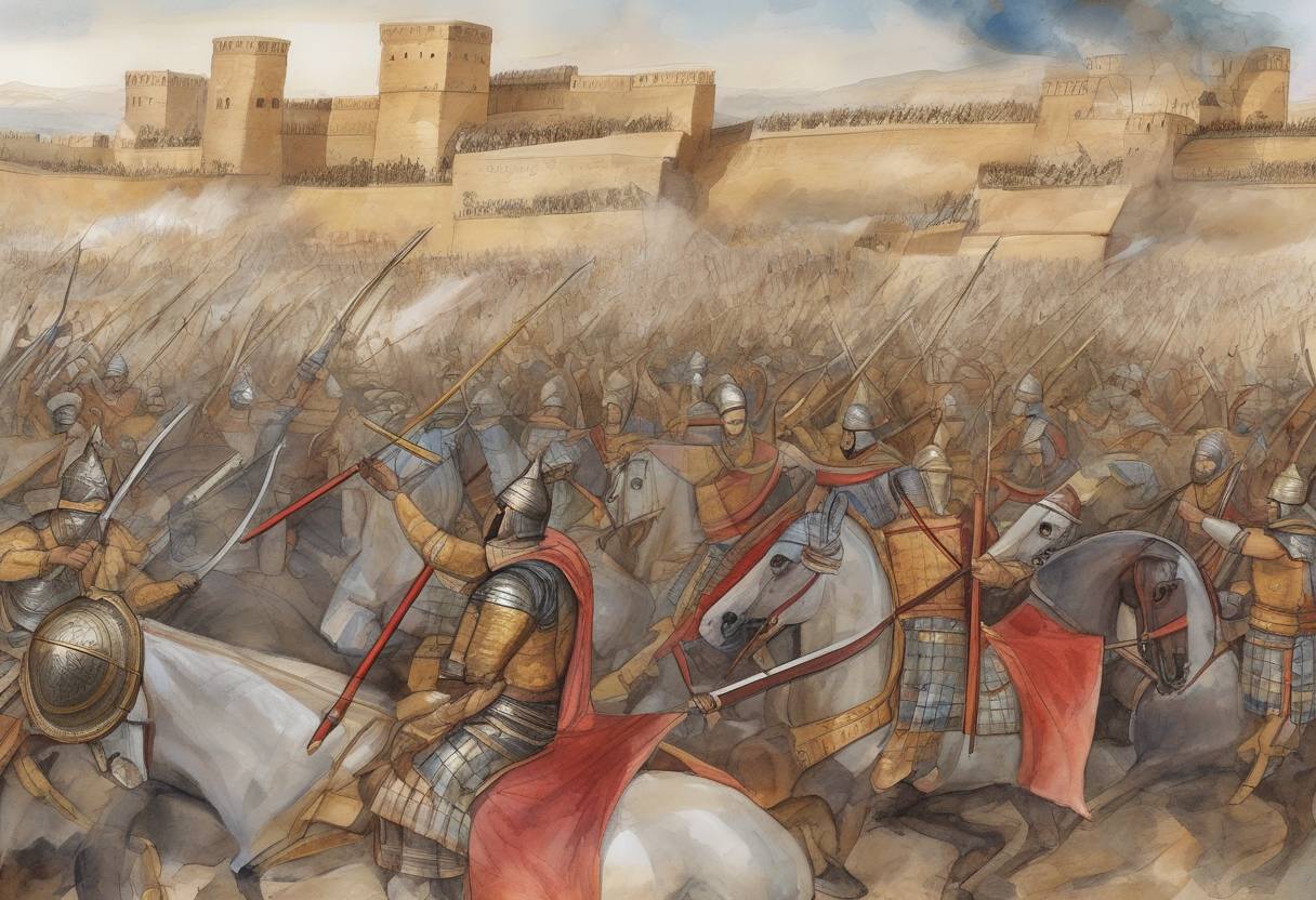 Watercolor painting based depiction of The Battle of Nineveh took place, marking a decisive victory for the Byzantine Empire under Emperor Heraclius against the Sassanian Empire led by General Rhahzadh. This battle was pivotal in the Byzantine-Sassanian War of 602–628. (627)