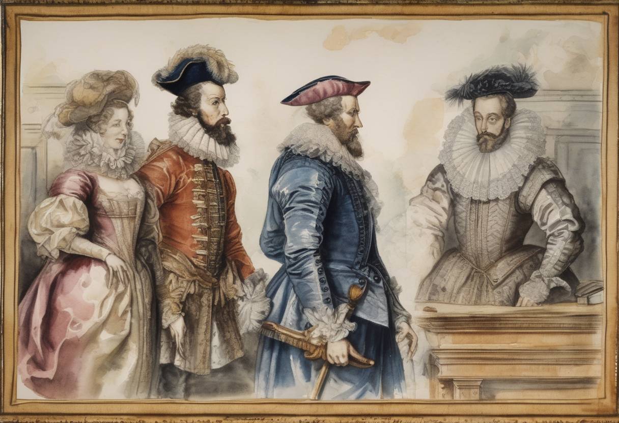 Watercolor painting based depiction of English explorer Sir Walter Raleigh went on trial for treason. (1603)