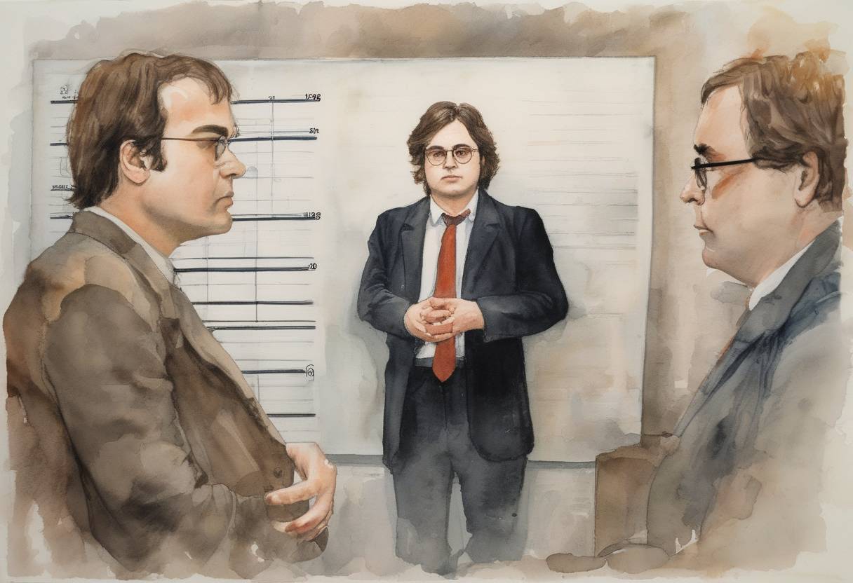 Watercolor painting based depiction of Mark David Chapman is sentenced to 20 years to life in prison for the murder of John Lennon. (1981)