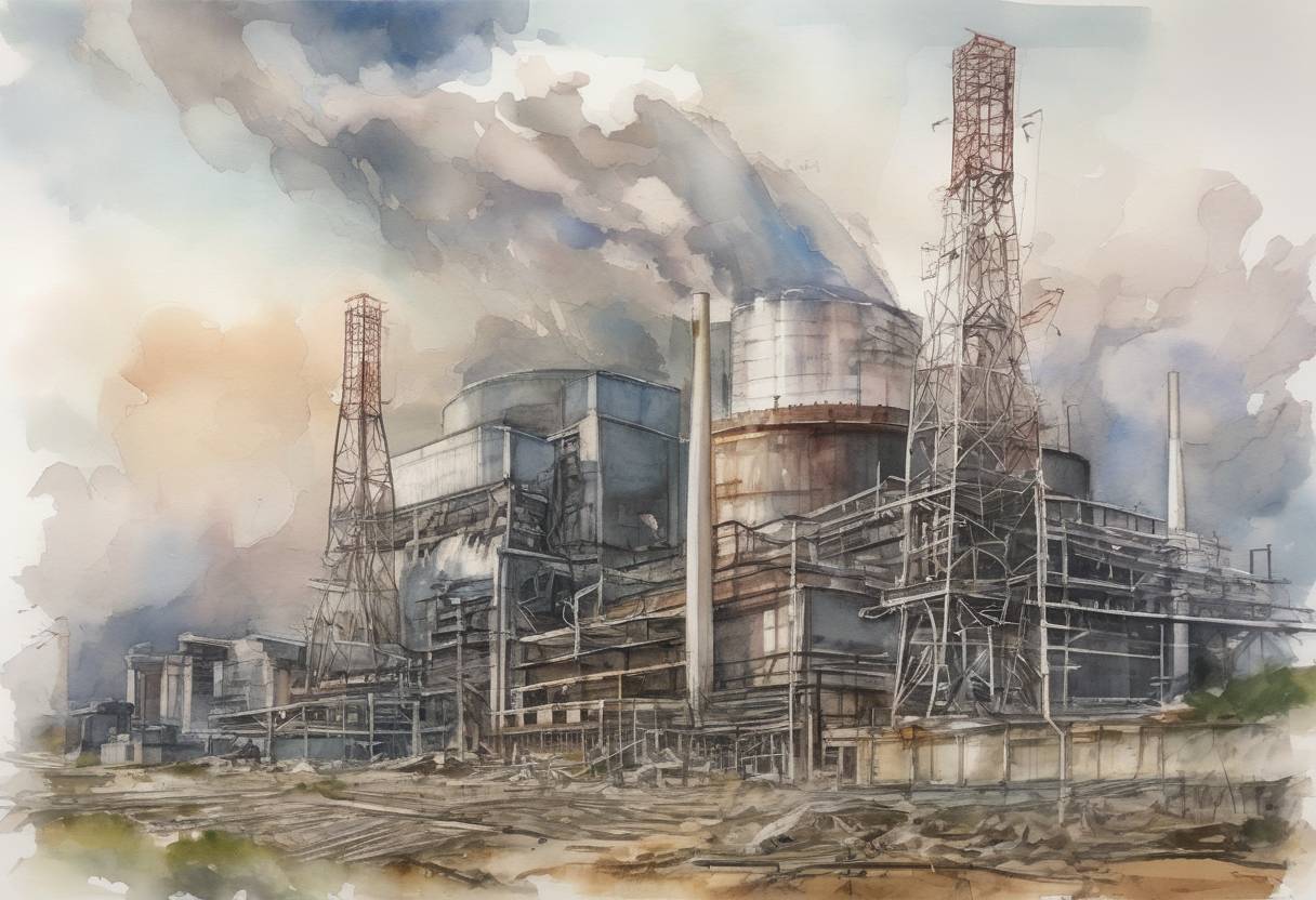 Watercolor painting based depiction of The Fukushima Daiichi Nuclear Power Plant experienced a partial meltdown following the Tōhoku earthquake and tsunami in Japan, leading to a nuclear disaster. (2011)