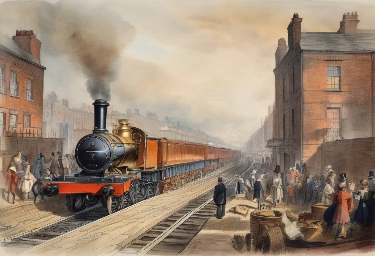 Watercolor painting based depiction of The Liverpool and Manchester Railway, the world's first inter-city railway, opened. (1830)