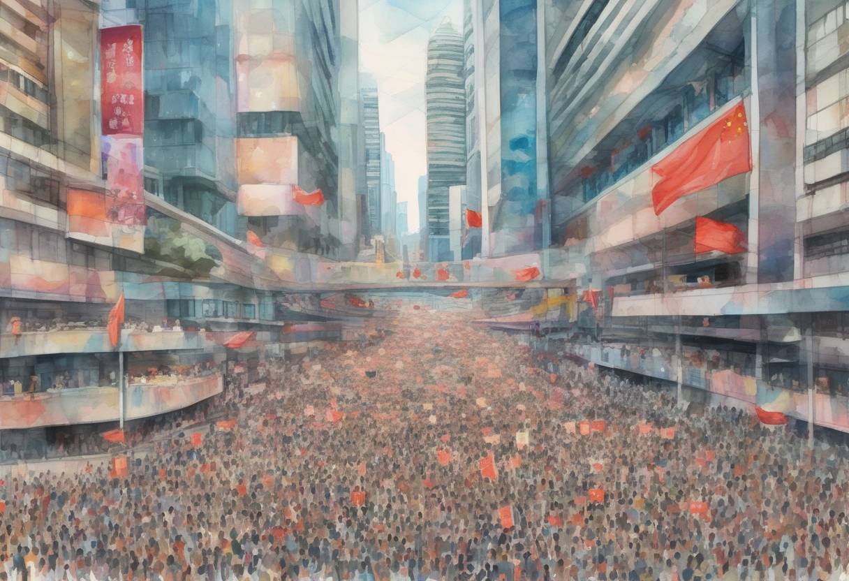 Watercolor painting based depiction of Protesters in Hong Kong held a massive rally against the extradition bill, with organizers claiming over 1.7 million participants. The protests were part of a larger movement advocating for democratic reforms. (2019)