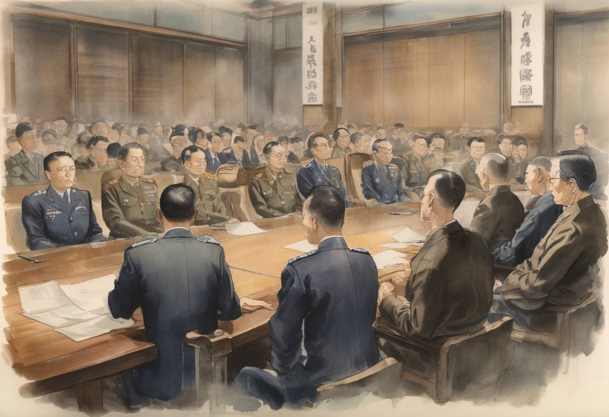 Watercolor painting based depiction of An international military tribunal in Tokyo sentences seven Japanese military and government officials to death for war crimes committed during World War II. (1948)