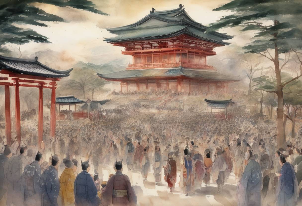 Watercolor painting based depiction of Emperor Kōtoku ascends to the throne of Japan following the Isshi Incident. (645)
