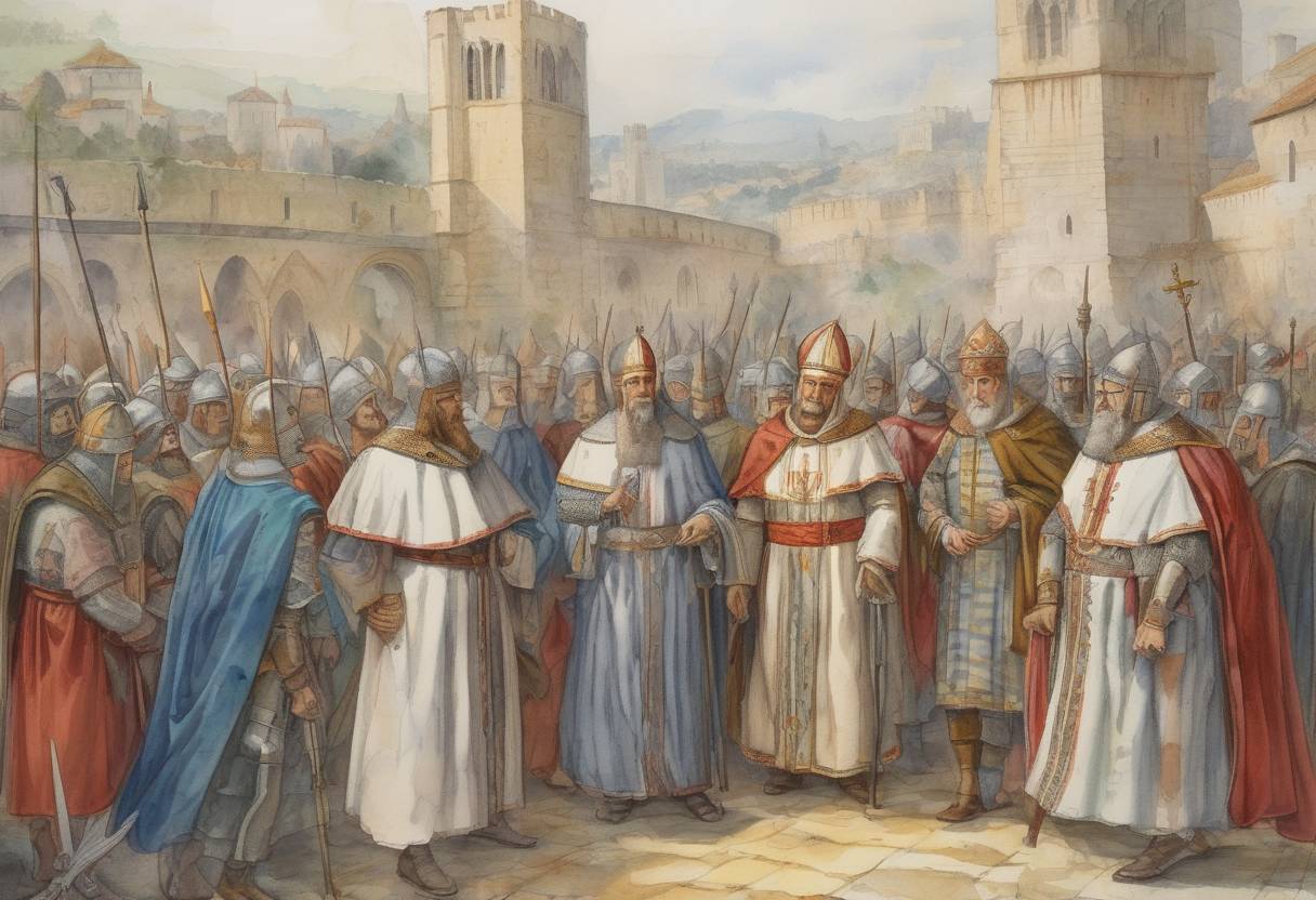 Watercolor painting based depiction of Pope Urban II called for the First Crusade at the Council of Clermont, urging Christians to reclaim the Holy Land from Muslim control. (1095)
