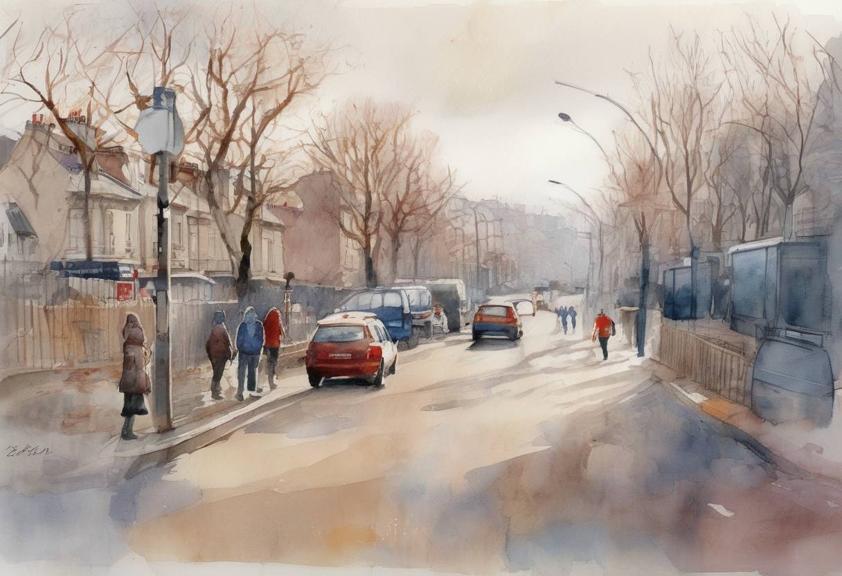 Watercolor painting based depiction of The French government declared a state of emergency in response to riots that began in the Paris suburb of Clichy-sous-Bois, following the accidental deaths of two teenagers who were fleeing police. The unrest spread to other parts of France, highlighting issues of social inequality and racial tensions. (2005)