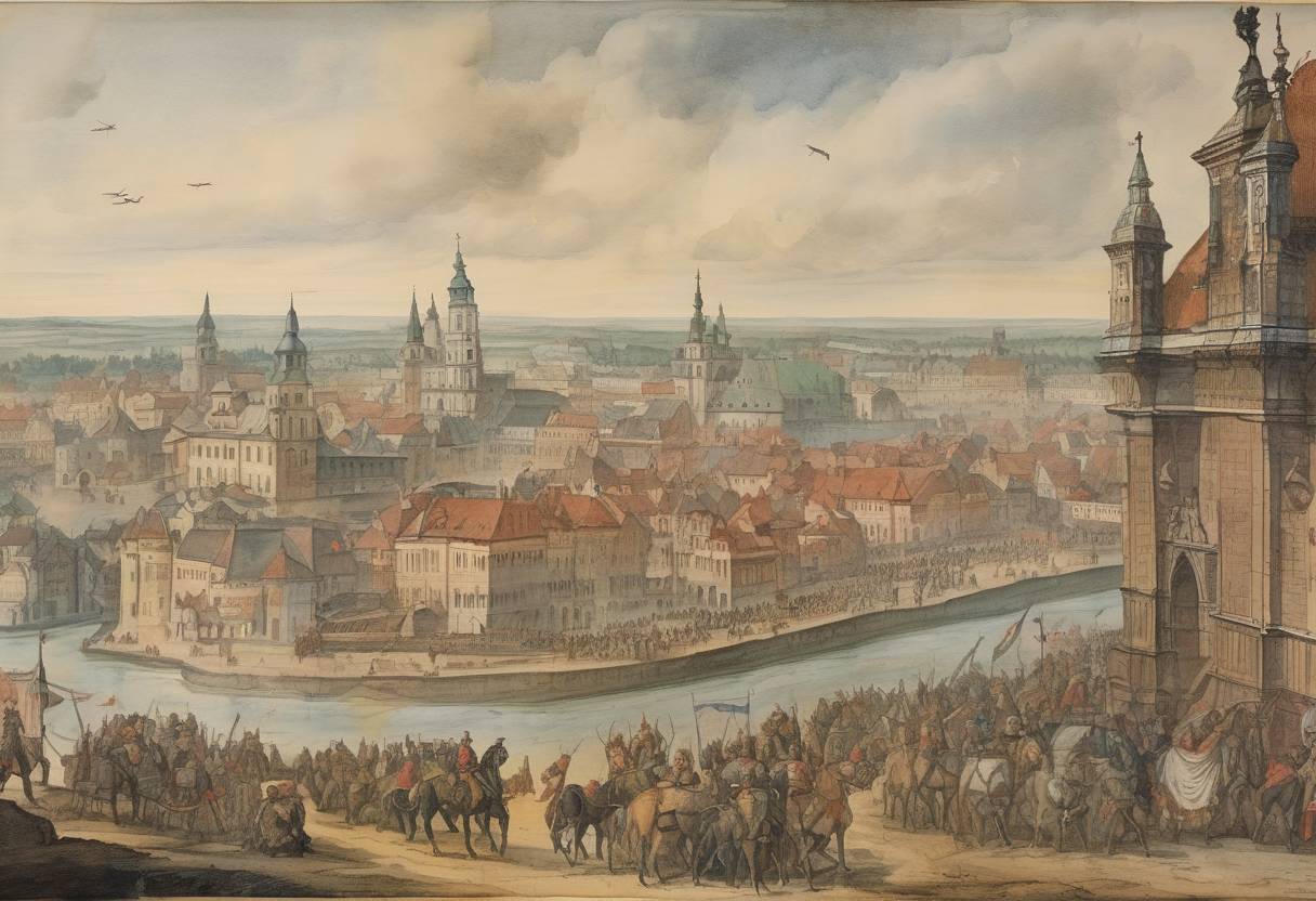 Watercolor painting based depiction of The Union of Lublin is signed, merging the Kingdom of Poland and the Grand Duchy of Lithuania into the Polish-Lithuanian Commonwealth. (1569)
