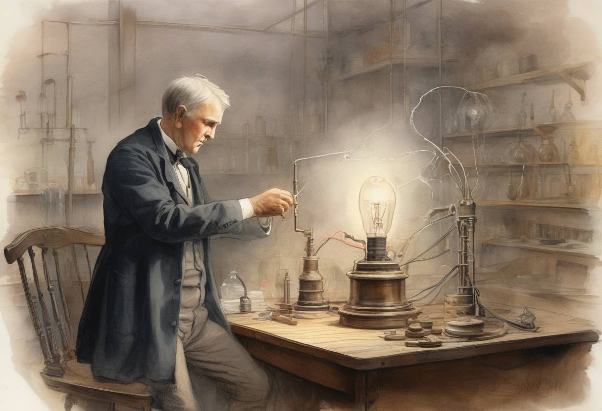Watercolor painting based depiction of Using a carbon filament, Thomas Edison tests the first practical electric light bulb, which lasts 13.5 hours before burning out. (1879)