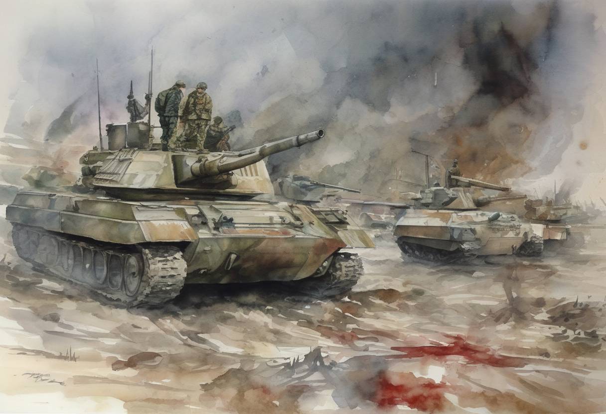 Watercolor painting based depiction of The First Chechen War began as Russian forces entered the Chechen Republic of Ichkeria, leading to a prolonged and bloody conflict. (1994)