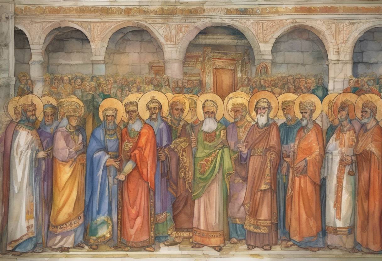 Watercolor painting based depiction of The Second Council of Nicaea was convened by the Byzantine Empress Irene and her son Constantine VI, marking the end of the first phase of the Iconoclast Controversy. (787)
