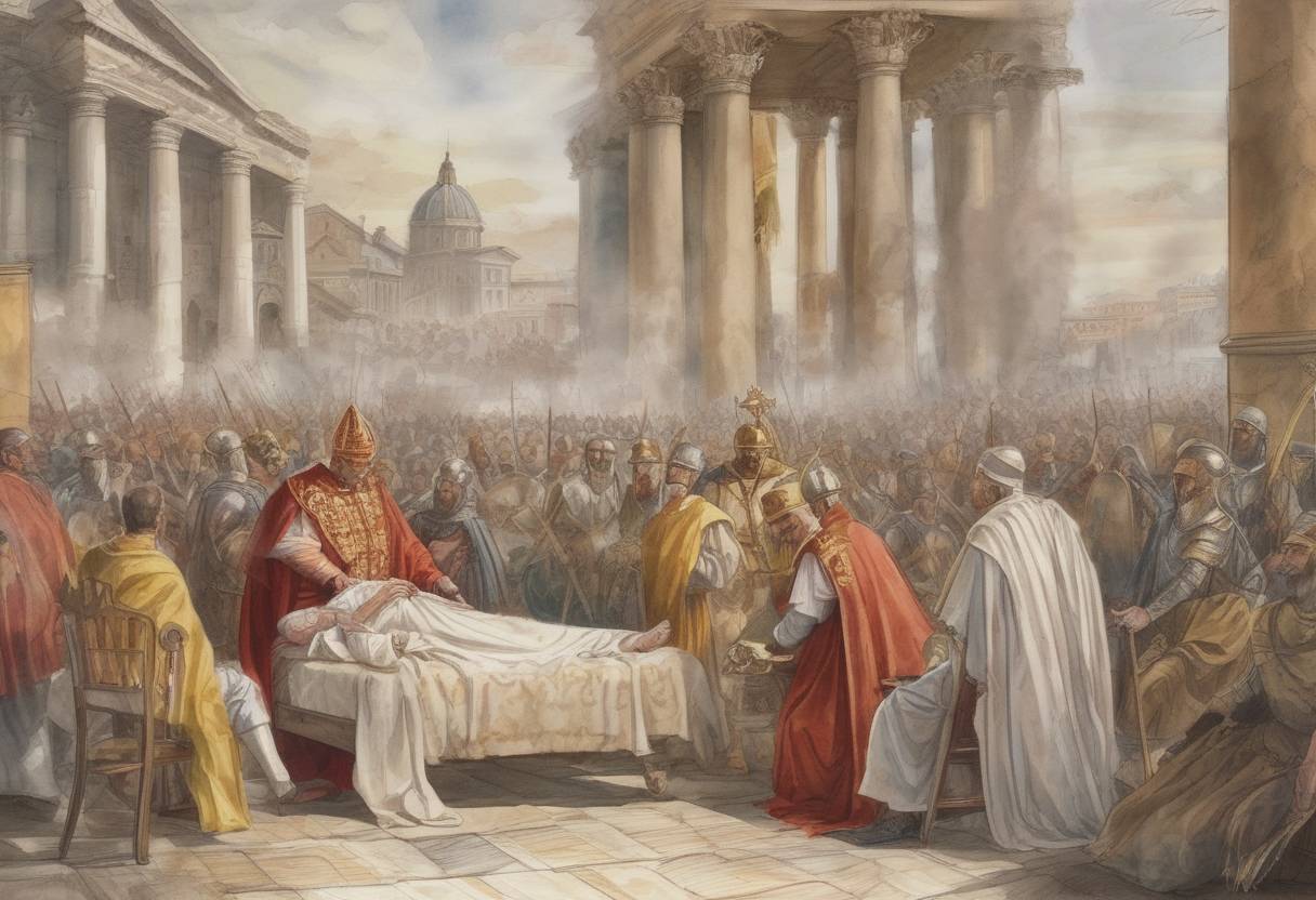 Watercolor painting based depiction of The death of Pope Deusdedit (also known as Pope Adeodatus I), who was the bishop of Rome from 615 to 618. His papacy is noted for his efforts to restore the city of Rome after a series of natural disasters. (616)