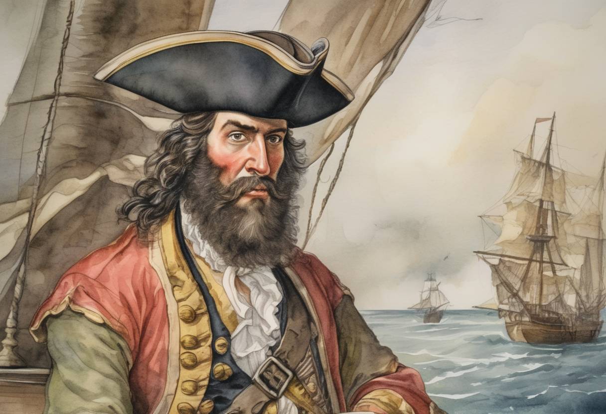 Watercolor painting based depiction of British pirate Edward Teach, better known as Blackbeard, was killed in battle off the coast of North Carolina. (1718)
