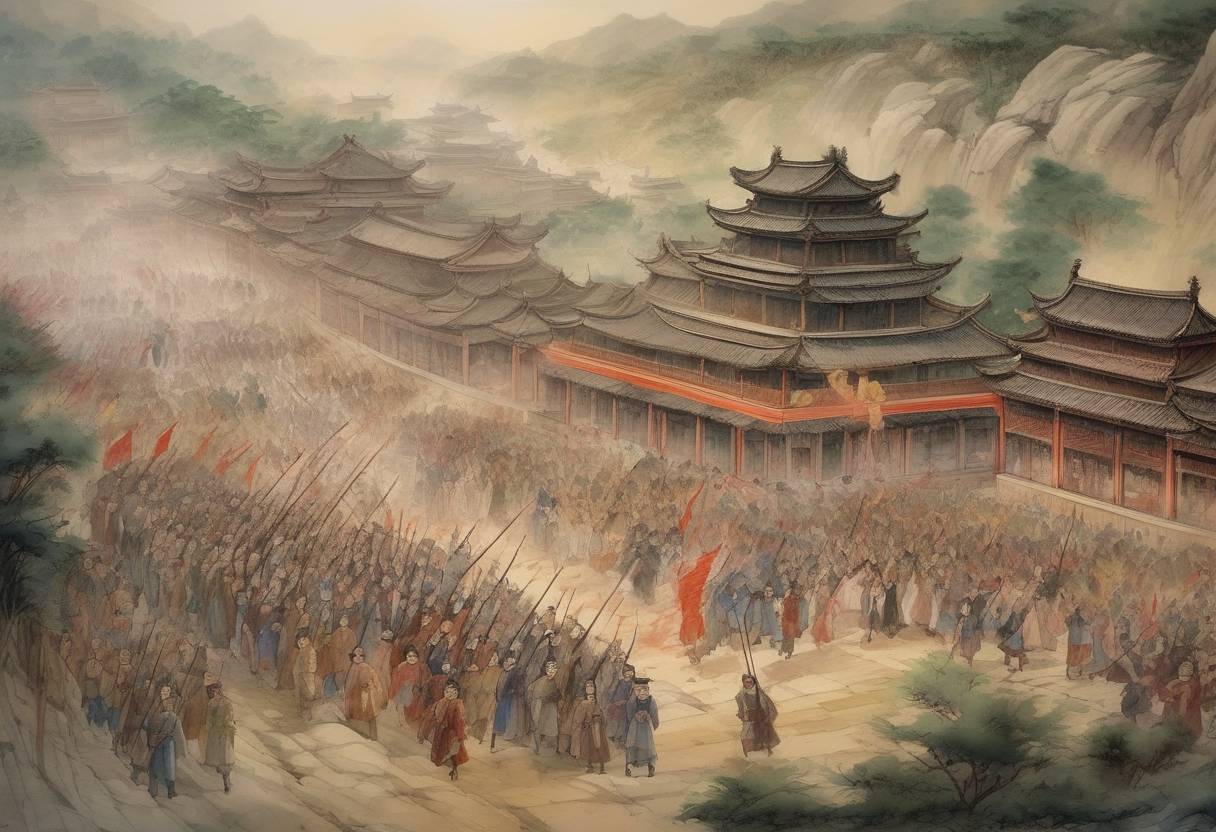 Watercolor painting based depiction of The Eight Trigrams rebellion, led by Yang Xuangan, was suppressed by the Sui Dynasty in China. (613)