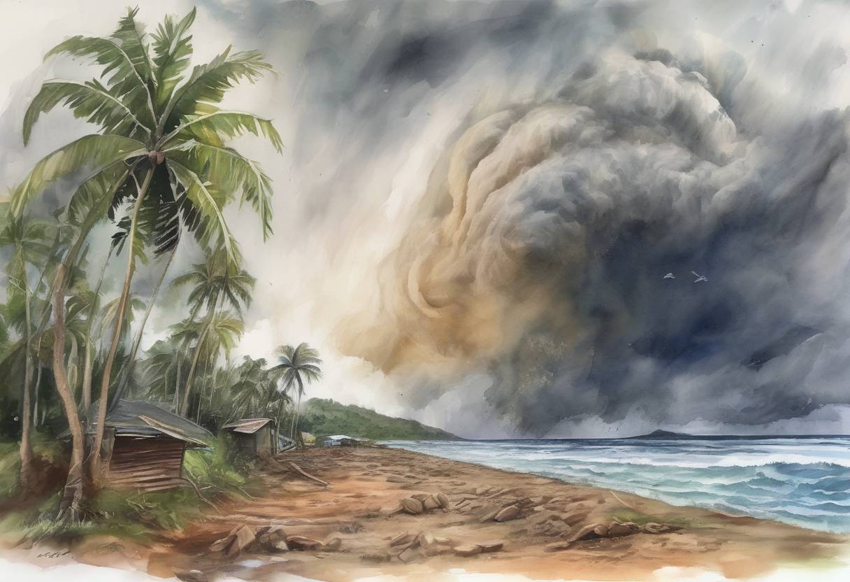 Watercolor painting based depiction of Cyclone Winston, the strongest tropical cyclone on record to make landfall in Fiji, struck the island nation, causing widespread destruction and resulting in 44 deaths. (2016)