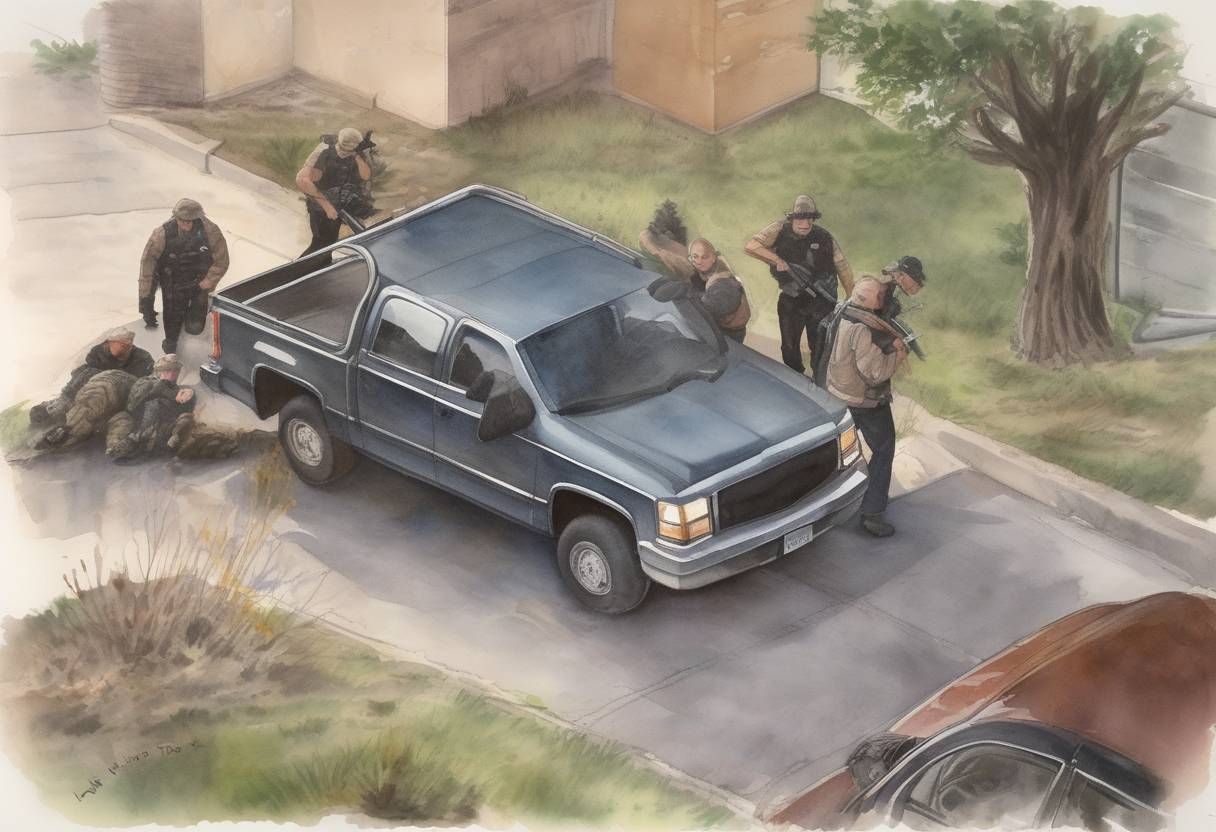 Watercolor painting based depiction of The Bureau of Alcohol, Tobacco, and Firearms (ATF) attempts to execute a search warrant at the Branch Davidian compound in Waco, Texas, leading to a deadly shootout. (1993)
