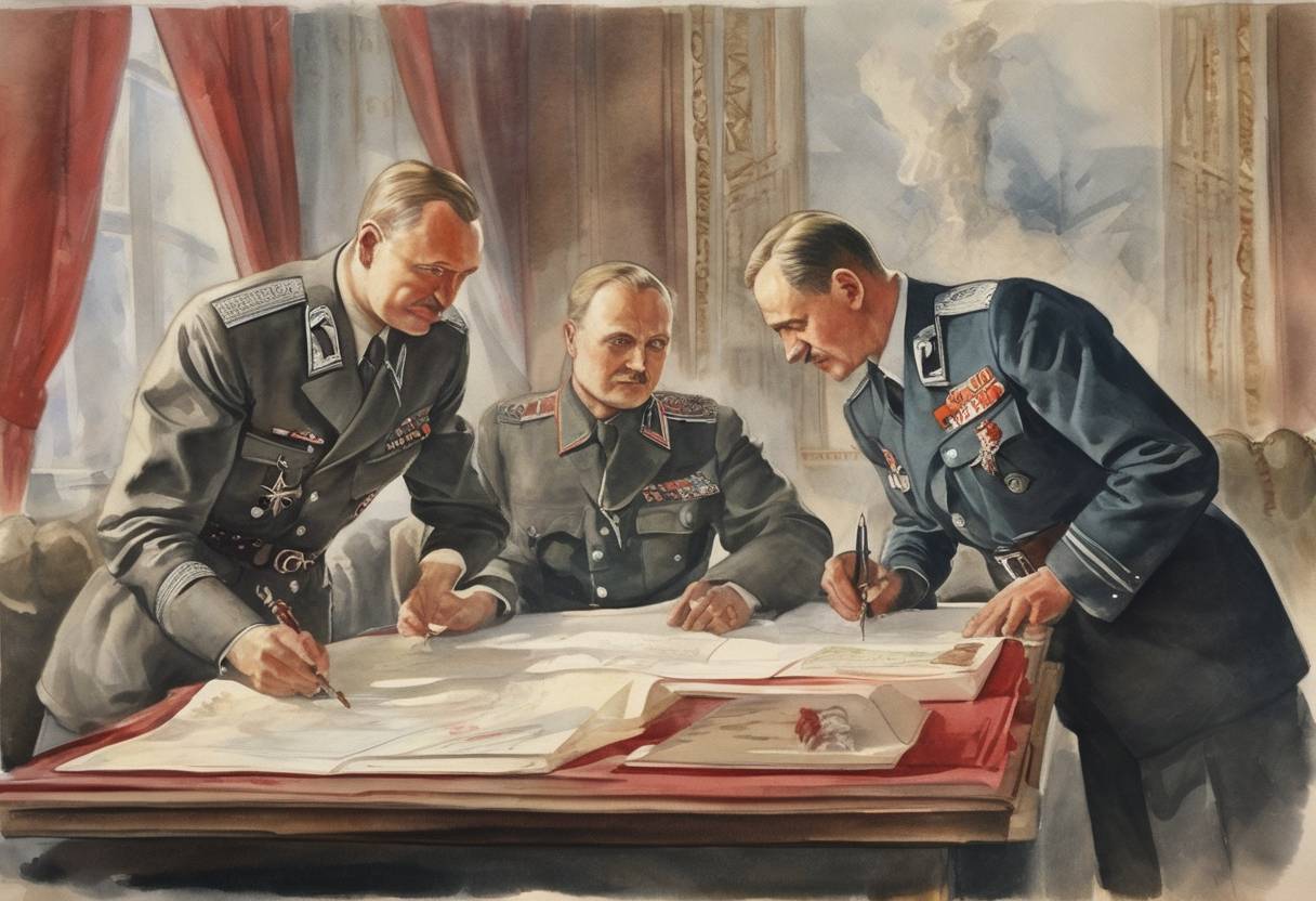 Watercolor painting based depiction of Nazi Germany and the Soviet Union sign the German–Soviet Frontier Treaty, dividing Eastern Europe into spheres of influence. (1939)