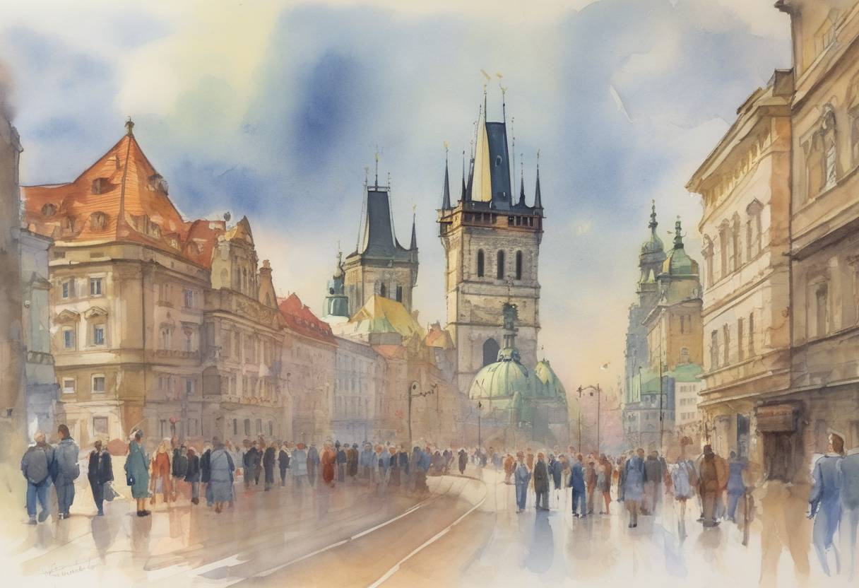 Watercolor painting based depiction of The Czechoslovak Federal Assembly votes to split the country into the Czech Republic and Slovakia, effective January 1, 1993, peacefully dissolving Czechoslovakia. (1992)