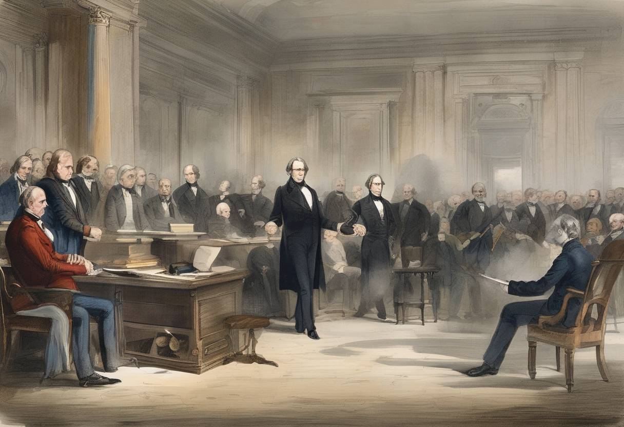 Watercolor painting based depiction of Henry Clay introduced the Compromise of 1850 to the U.S. Congress, a series of measures intended to ease tensions between slave and free states. (1850)