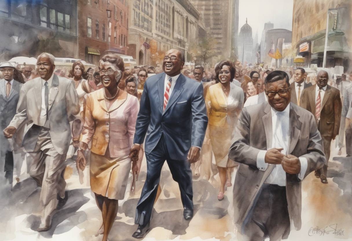 Watercolor painting based depiction of Carl Stokes was elected as the mayor of Cleveland, Ohio, becoming the first African American mayor of a major U.S. city. (1967)