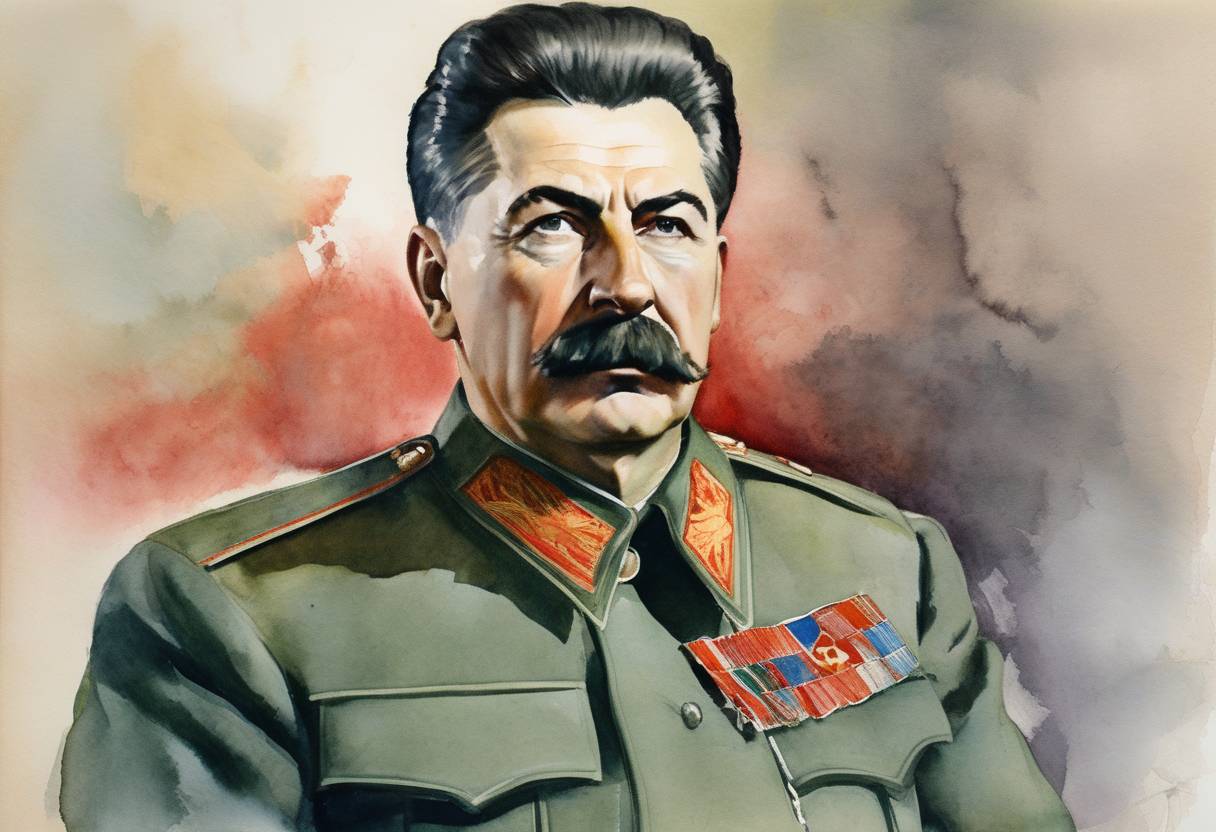 Watercolor painting based depiction of Joseph Stalin, the leader of the Soviet Union, died after suffering a stroke. His death marked the end of an era of Soviet history characterized by widespread purges and totalitarian rule. (1953)