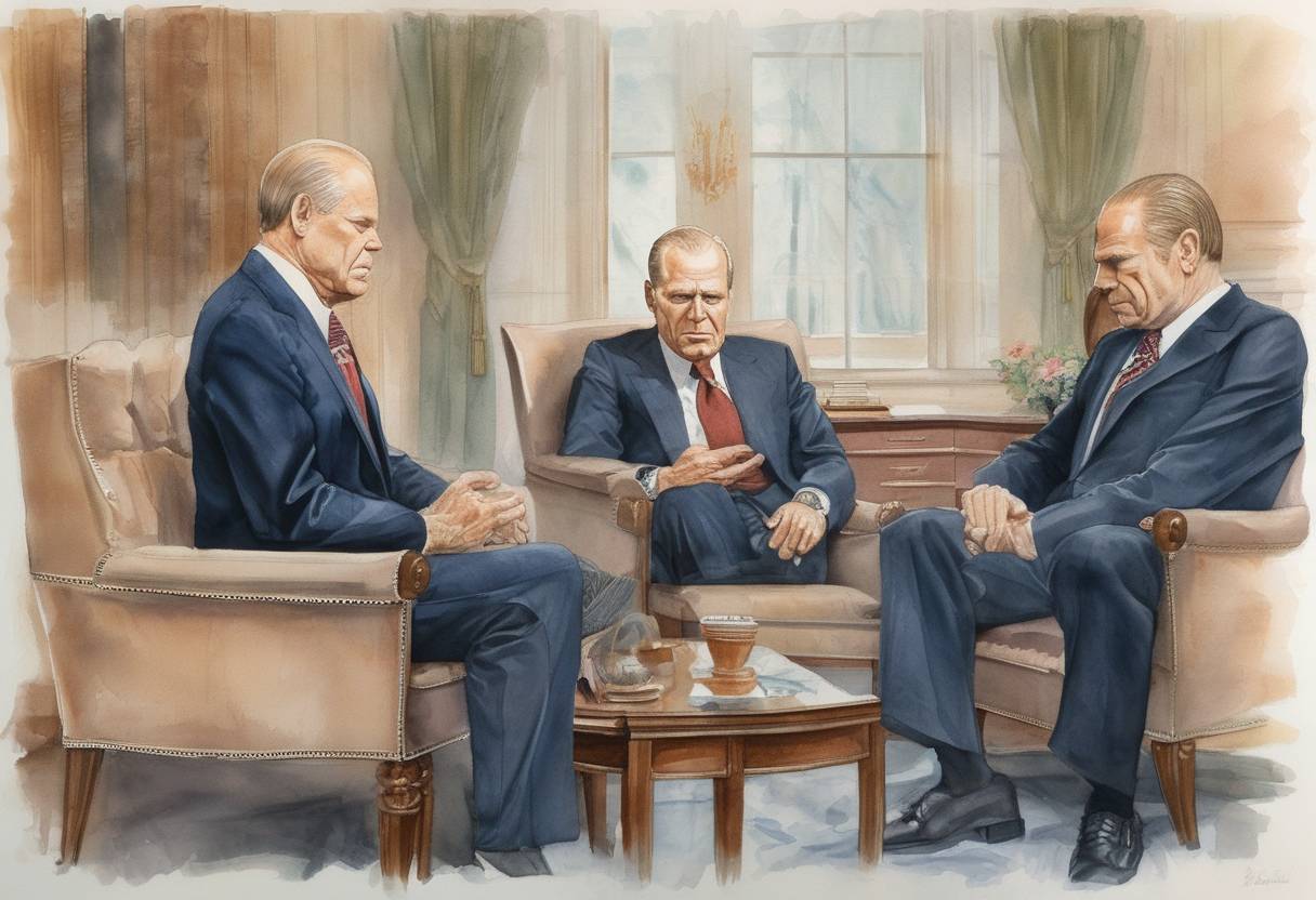 Watercolor painting based depiction of U.S. President Gerald Ford pardons former President Richard Nixon for any crimes he may have committed while in office. (1974)