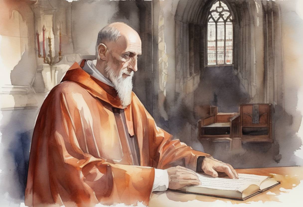 Watercolor painting based depiction of The Anselm of Canterbury, a Benedictine monk, philosopher, and theologian, was consecrated as the Archbishop of Canterbury. (1083)