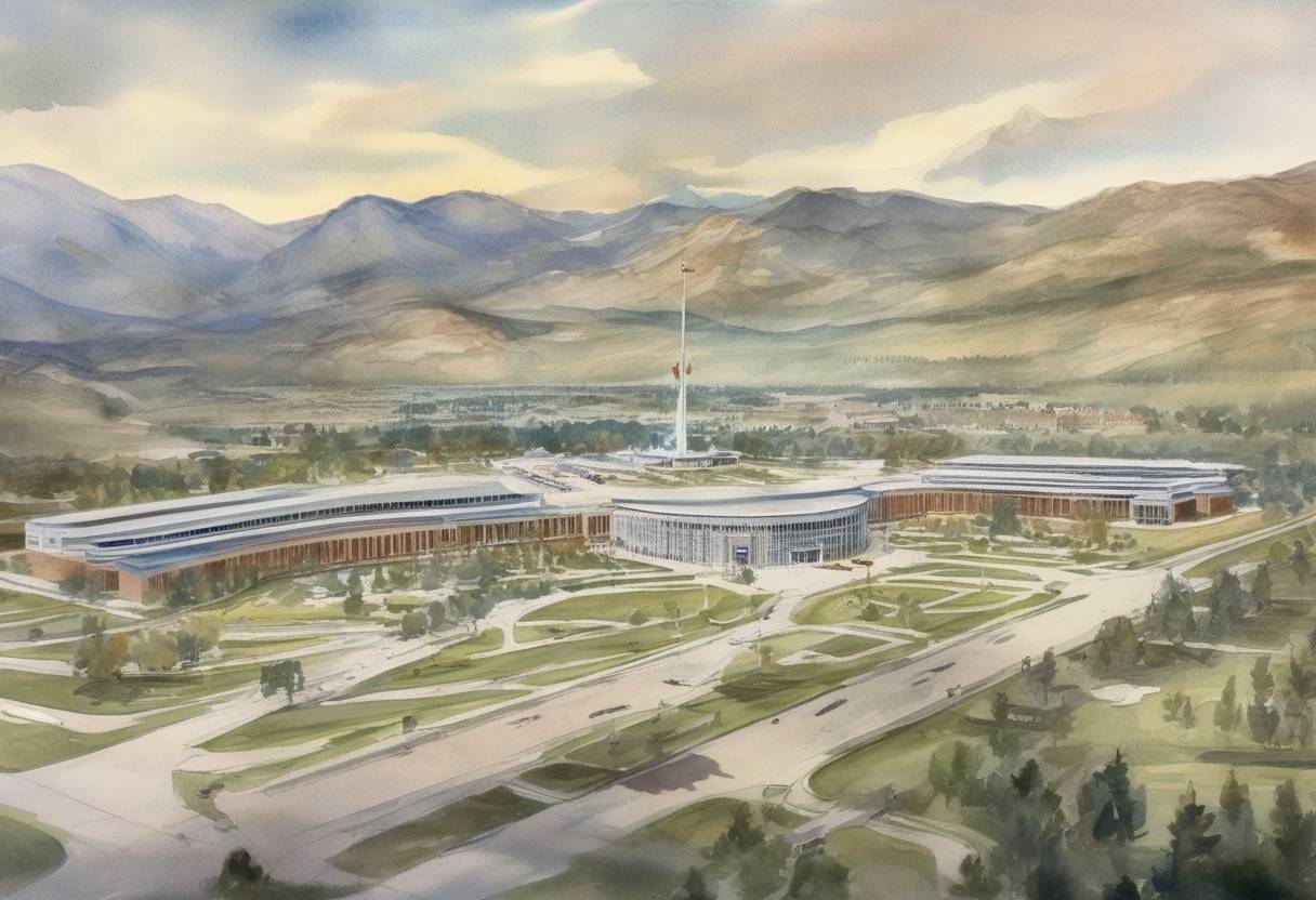Watercolor painting based depiction of The United States Air Force Academy opened its doors to its first class of cadets, marking a significant development in U.S. military education. (1958)