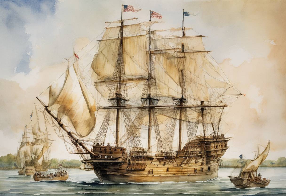 Watercolor painting based depiction of The Susan Constant, the Godspeed, and the Discovery set sail from England to establish the Jamestown Colony in Virginia. (1606)