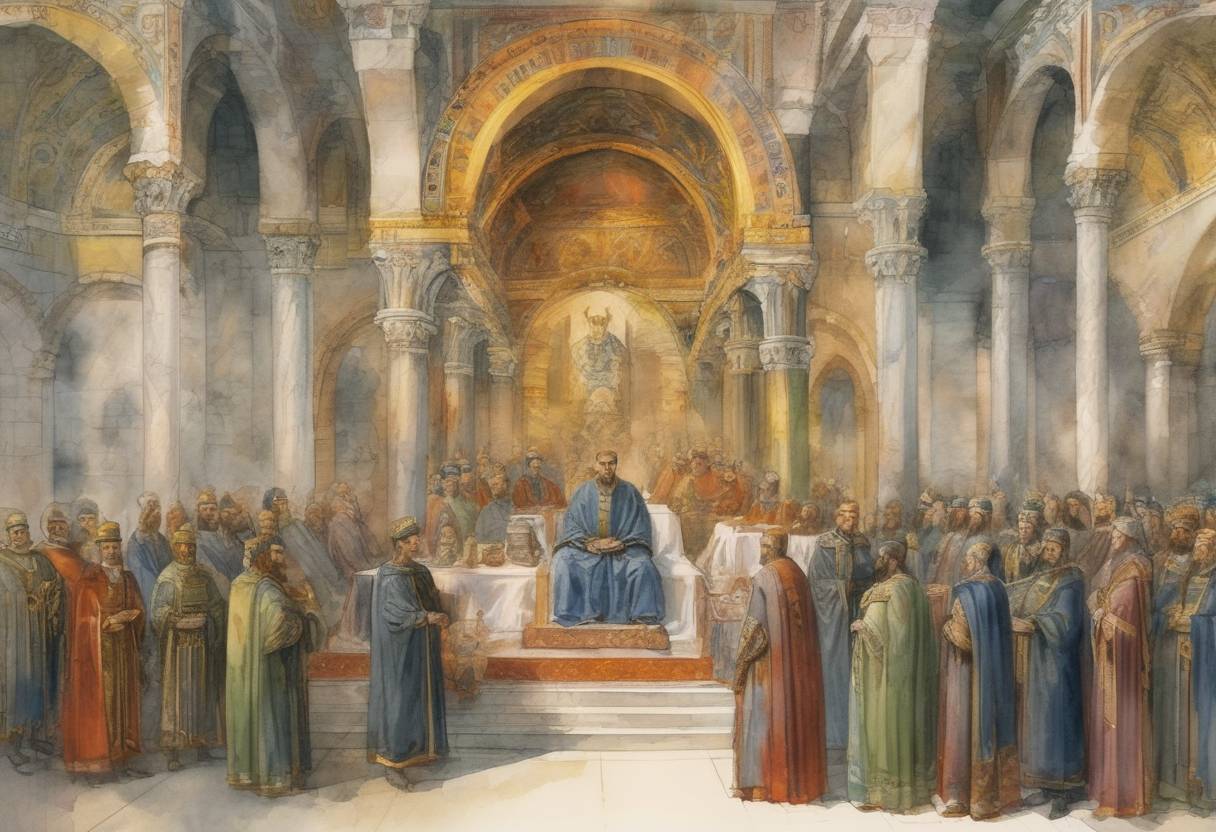 Watercolor painting based depiction of The Fourth Council of Constantinople (Roman Catholic) ends, which was convened to address the issue of Photius's claim to the Patriarchate of Constantinople. (870)