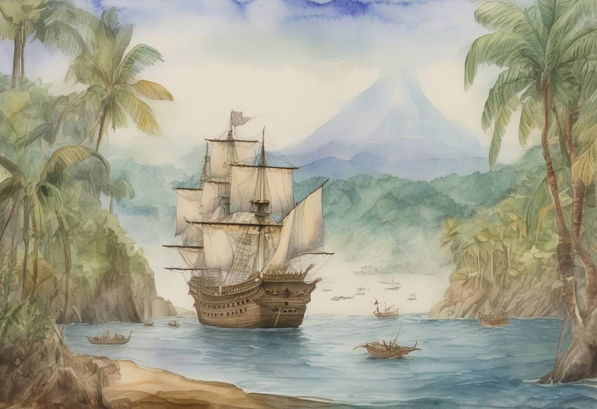 Watercolor painting based depiction of Christopher Columbus lands at Costa Rica on his fourth and final voyage to the New World. (1502)