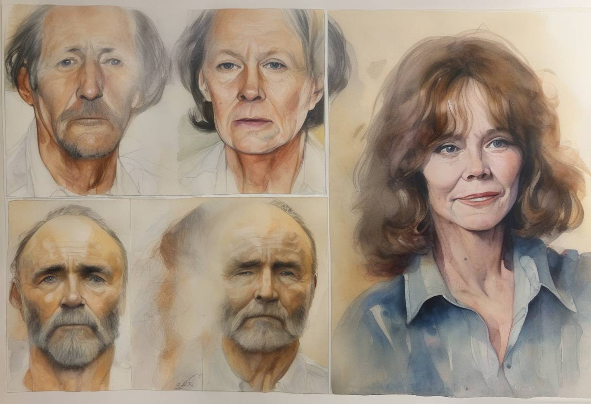 Watercolor painting based depiction of Lynette 'Squeaky' Fromme, a follower of Charles Manson, attempted to assassinate U.S. President Gerald Ford in Sacramento, California, but was thwarted by Secret Service agents. (1975)