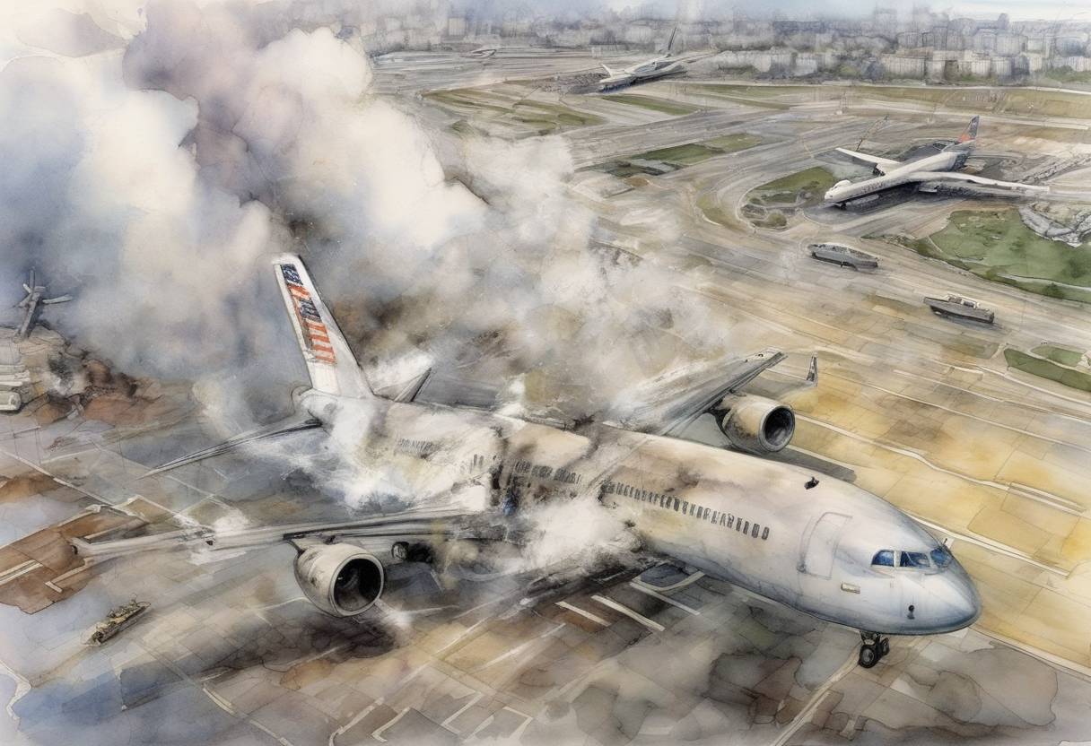 Watercolor painting based depiction of In the aftermath of the September 11 attacks, the United States government grounded all civilian aircraft traffic for the first time in U.S. history, allowing only military and emergency flights. (2001)