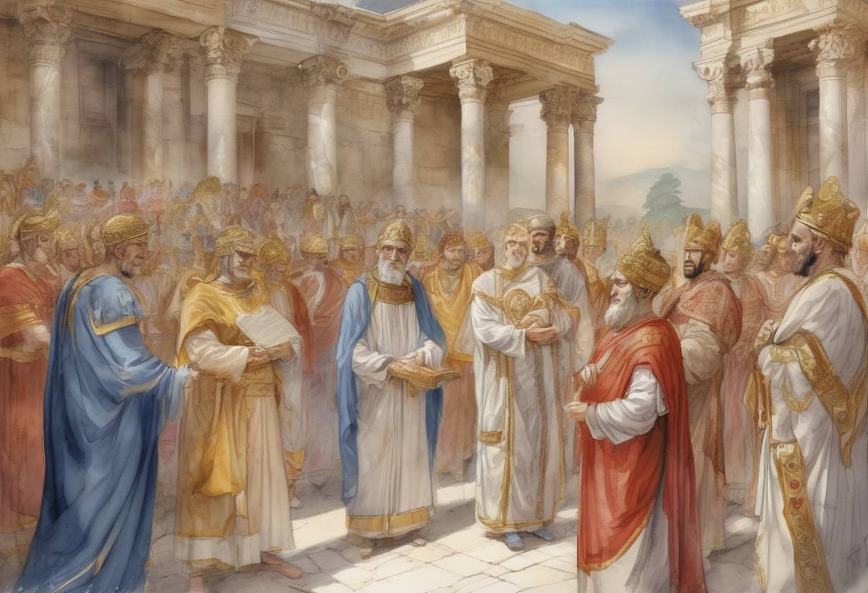 Watercolor painting based depiction of The First Council of Ephesus was convened by Emperor Theodosius II to address the Nestorian controversy, affirming the title of Theotokos for Mary and condemning Nestorius. (431)
