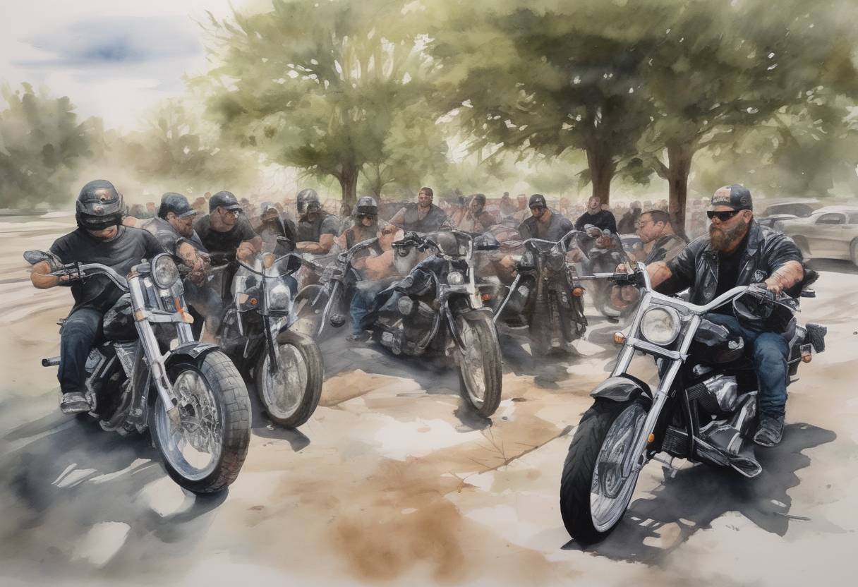 Watercolor painting based depiction of A shootout between rival biker gangs in Waco, Texas, results in nine deaths and 18 injuries, leading to the arrest of over 170 individuals. (2015)