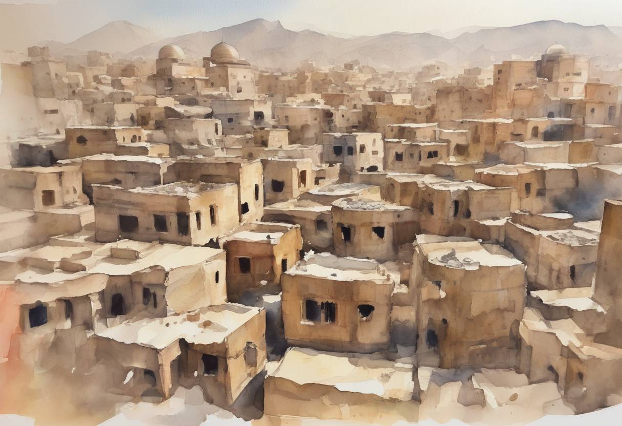 Watercolor painting based depiction of The Saudi Arabian-led intervention in Yemen began with airstrikes against Houthi forces. (2015)
