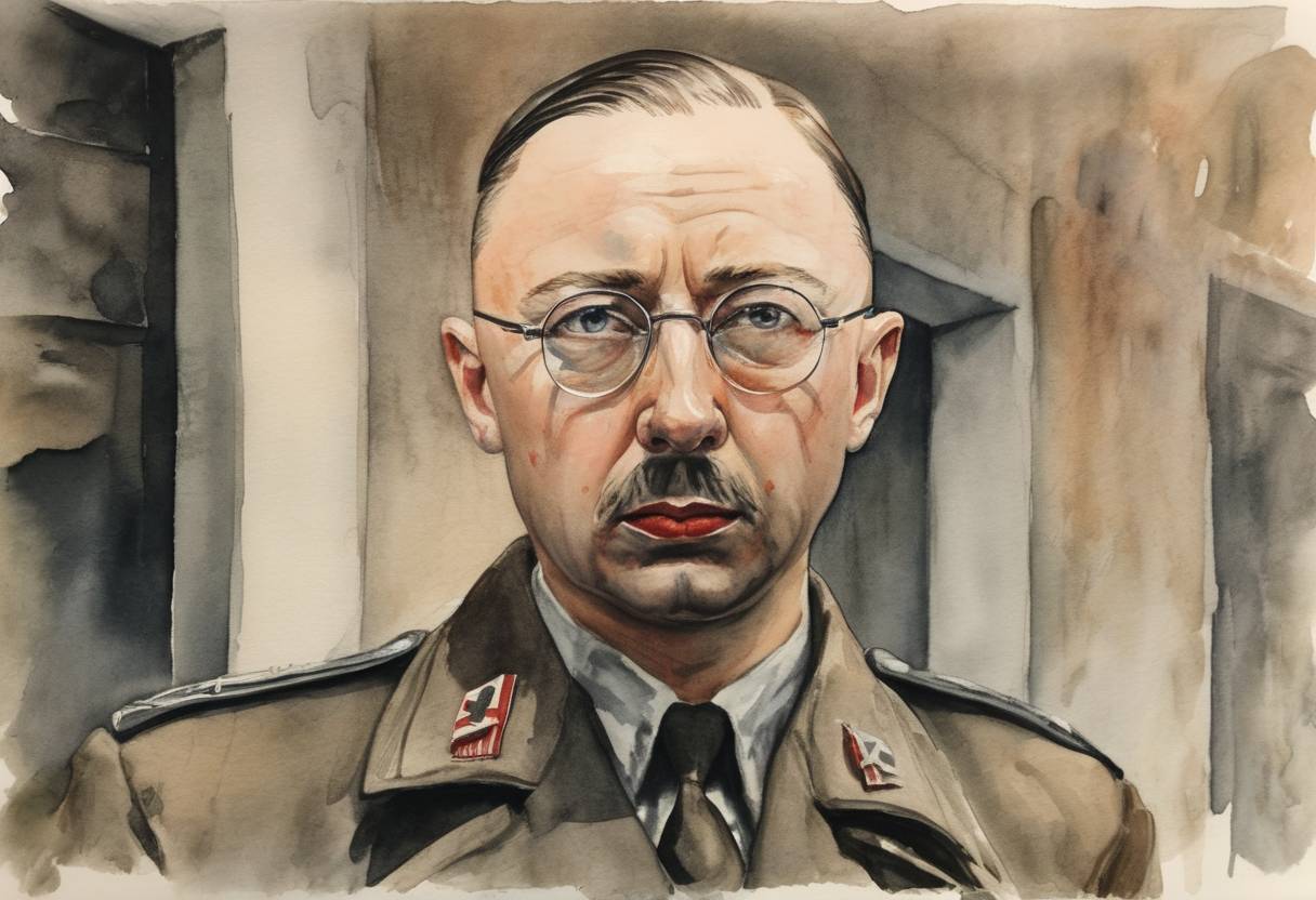 Watercolor painting based depiction of Heinrich Himmler, a leading member of the Nazi Party, committed suicide while in Allied custody. (1945)