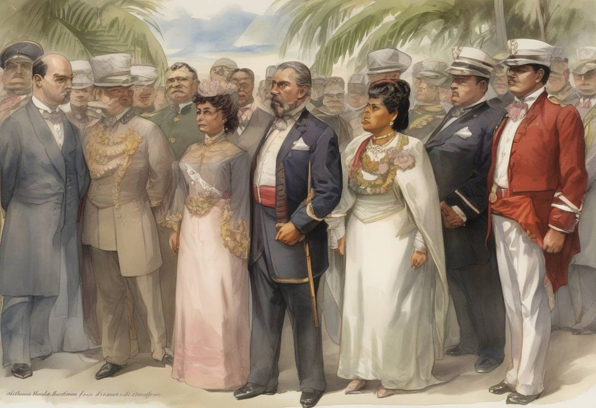 Watercolor painting based depiction of The overthrow of the Hawaiian Kingdom occurs as Queen Liliʻuokalani is deposed by a group of American and European businessmen, leading to the establishment of the Republic of Hawaii. (1893)