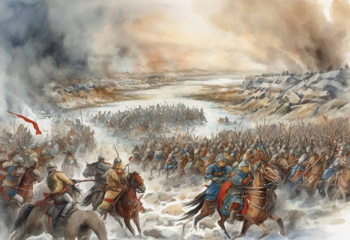 Watercolor painting based depiction of The Battle of the Kalka River took place, where the Mongol Empire defeated the Kievan Rus' and their allies. (1223)