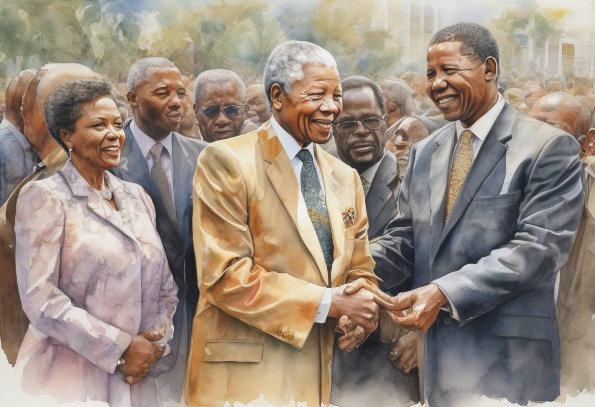 Watercolor painting based depiction of Nelson Mandela was inaugurated as South Africa's first black president, marking the end of apartheid. (1994)