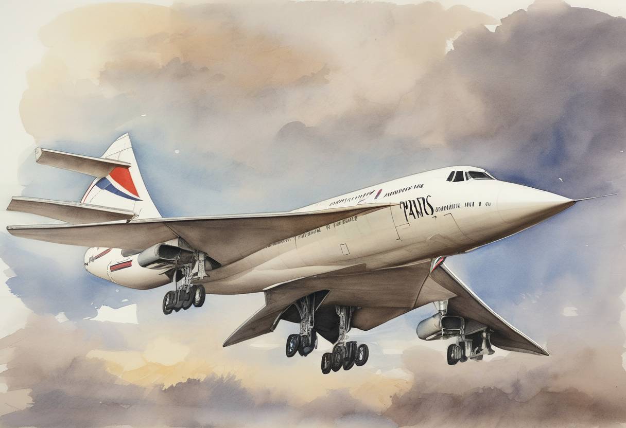 Watercolor painting based depiction of The Concorde supersonic passenger jet began commercial service with flights from London to Bahrain and Paris to Rio de Janeiro. (1976)